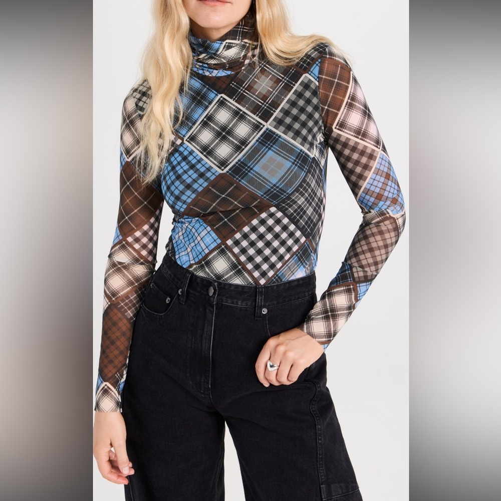 GANNI Printed Mesh Long Sleeve Rollneck Top - Like NEW!